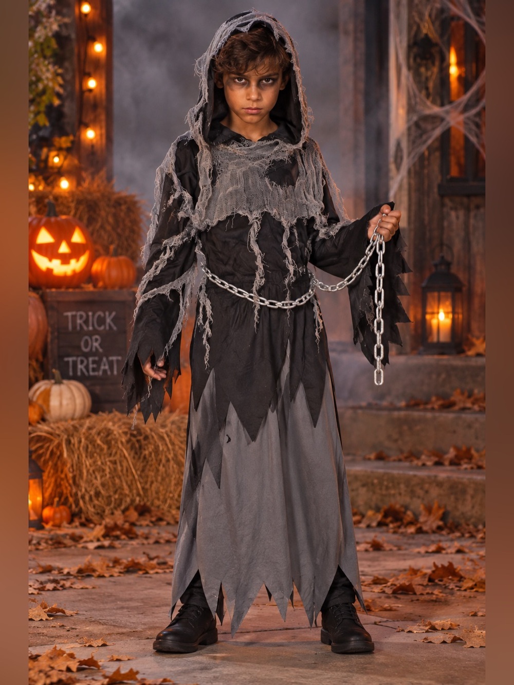 Kids Hooded Grim Reaper Costume - Black & Gray